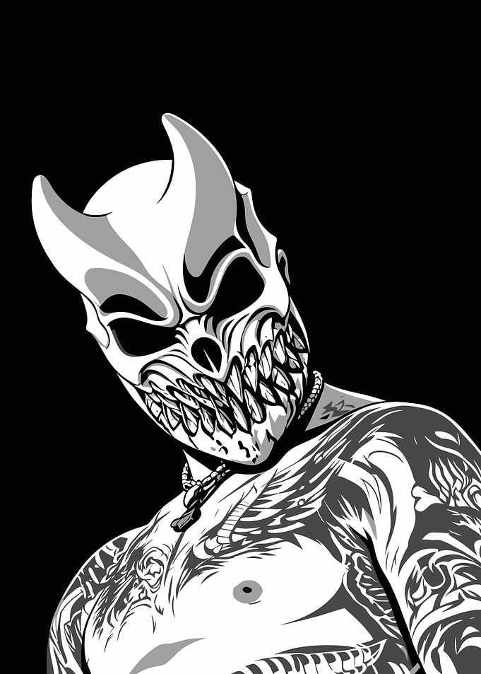 Demon Masked Man with Tattoos