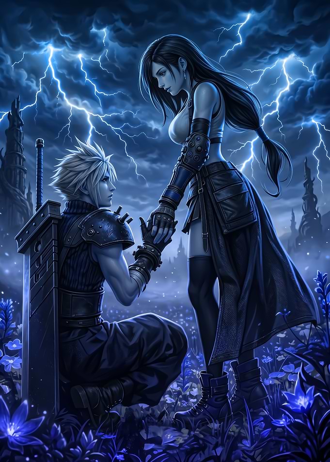 Cloud and Tifa in a stormy landscape