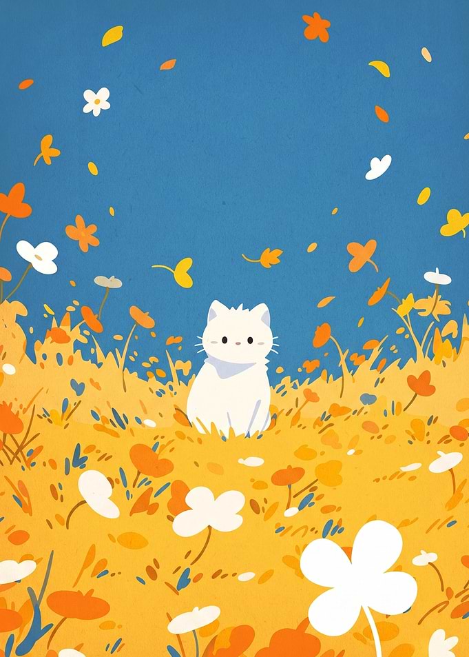 Cute White Cat in a Field of Flowers