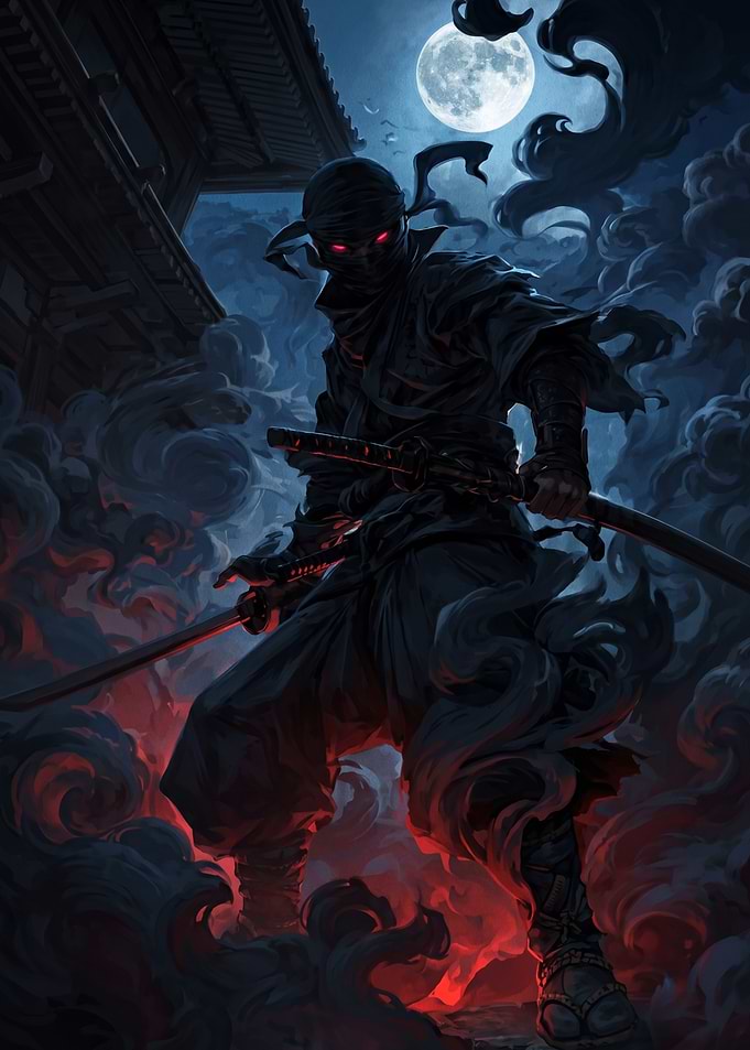 Ninja with glowing red eyes and swords