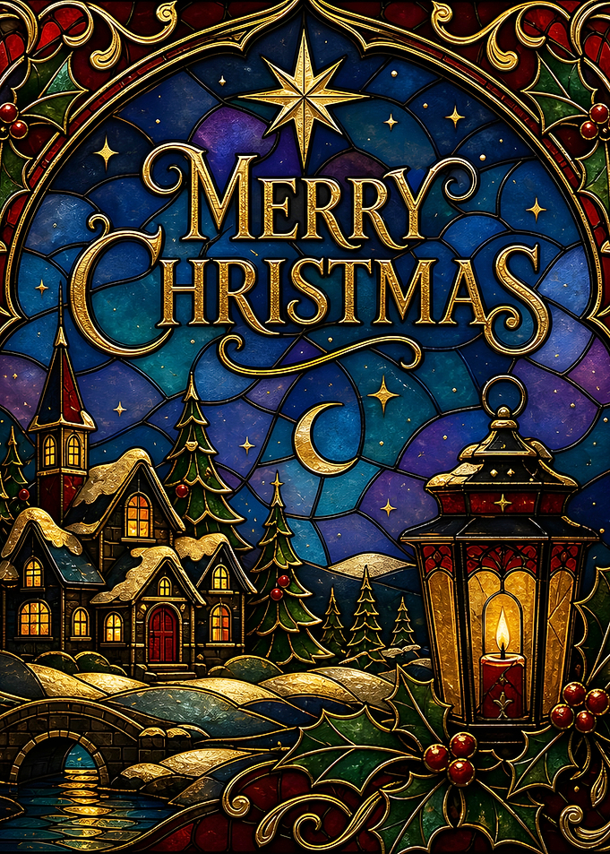 Stained Glass Merry Christmas Scene