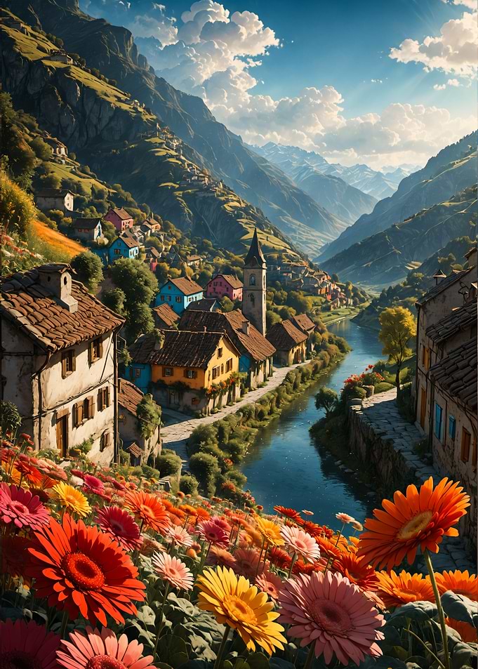 European Alpine Village with Flower River Mountain