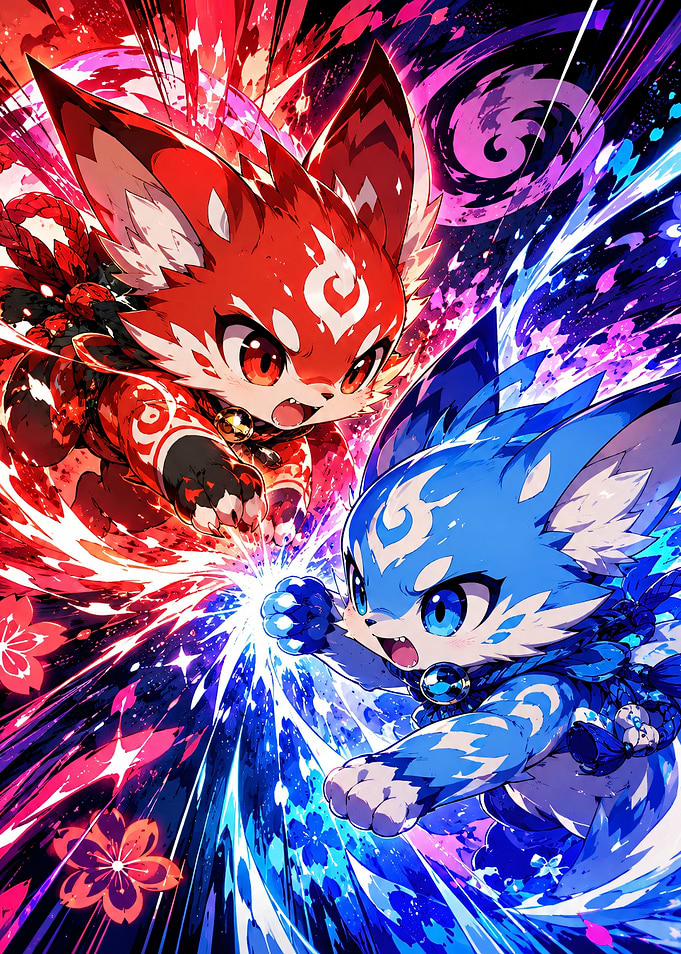 Red and Blue Fox Spirits Clash