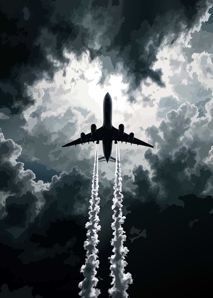 Airplane flying through stormy clouds