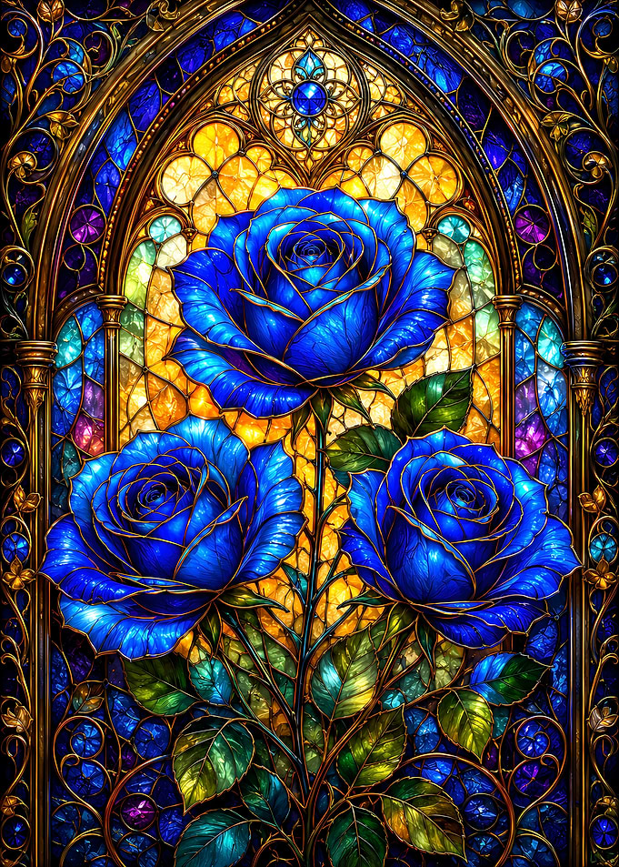 Blue Roses Stained Glass Art