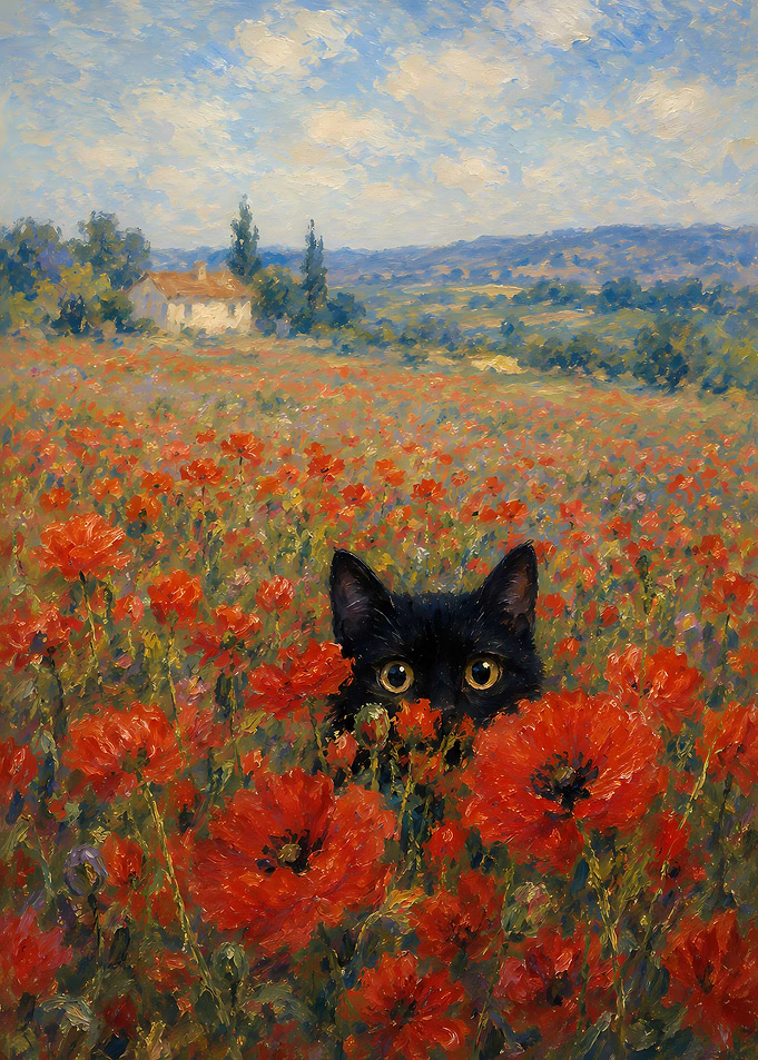 Black Cat Peeking Through Poppies