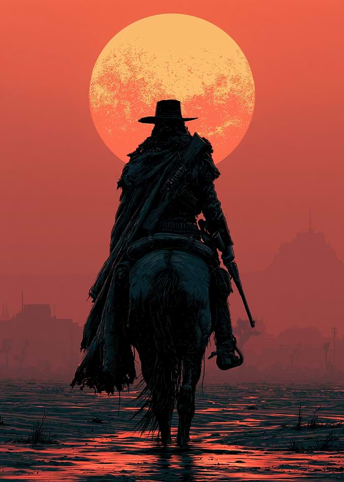 Lone Cowboy Rides Towards a Setting Sun