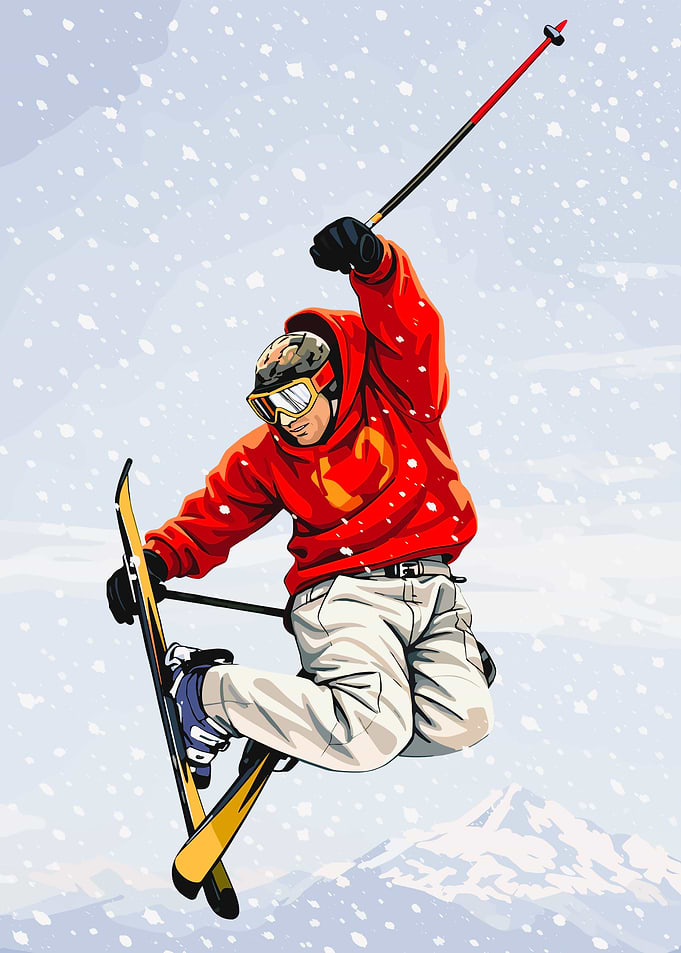 Skier performing a jump in the snow