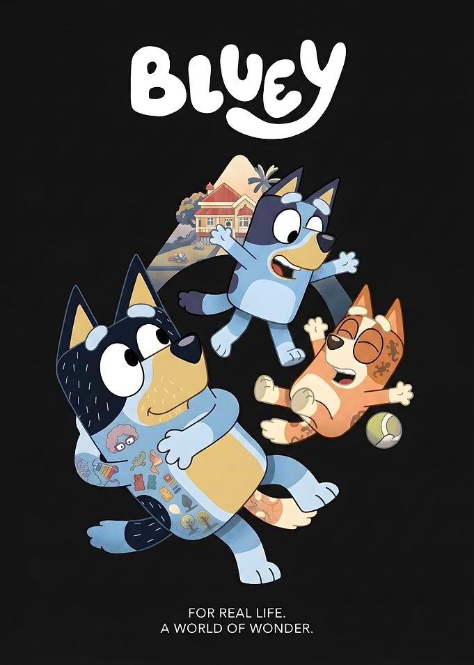 Bluey characters with house background