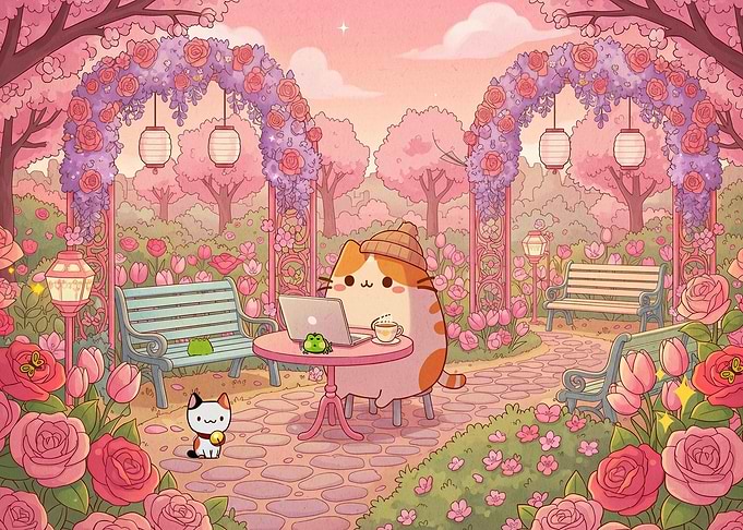 Cute Cat Working in a Floral Garden