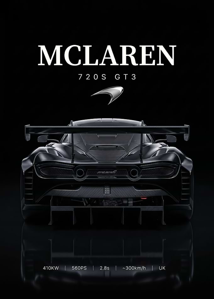 sleek black McLaren 720S GT3 Rear View car poster