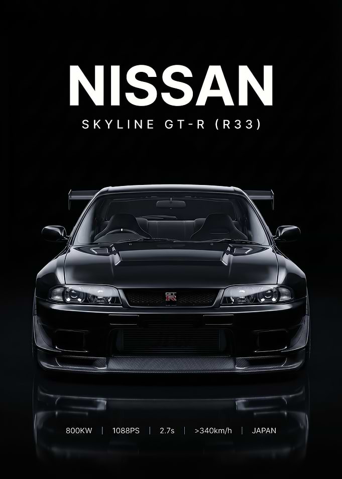 A striking Nissan Skyline GT-R R33 sleek black car poster