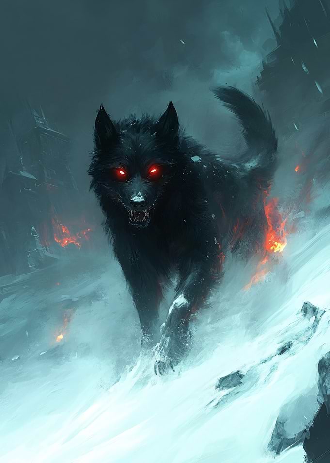 Fiery Black Wolf in Snowy Landscape