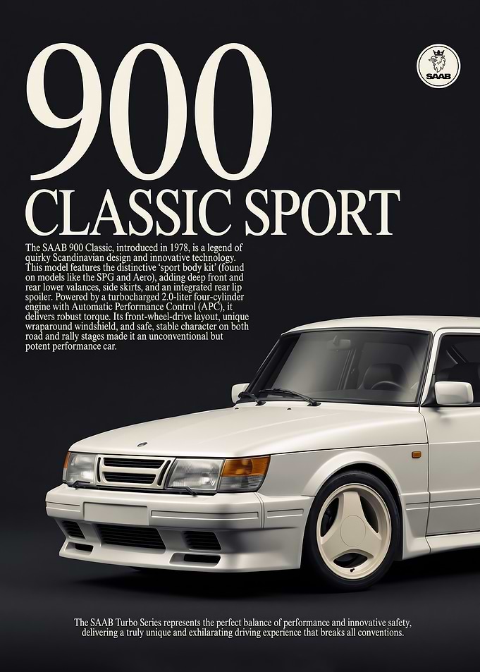 vintage sleek white Saab 900 Classic close up car Poster