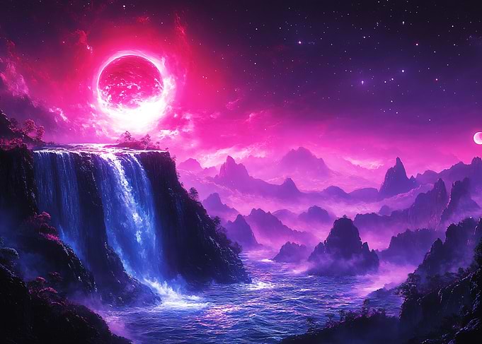Alien Waterfall Under Pink Sun