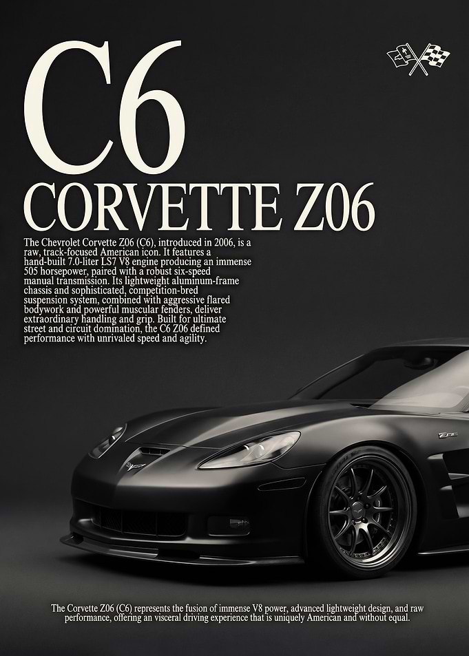close up sleek black Chevrolet Corvette C6 Z06 car poster