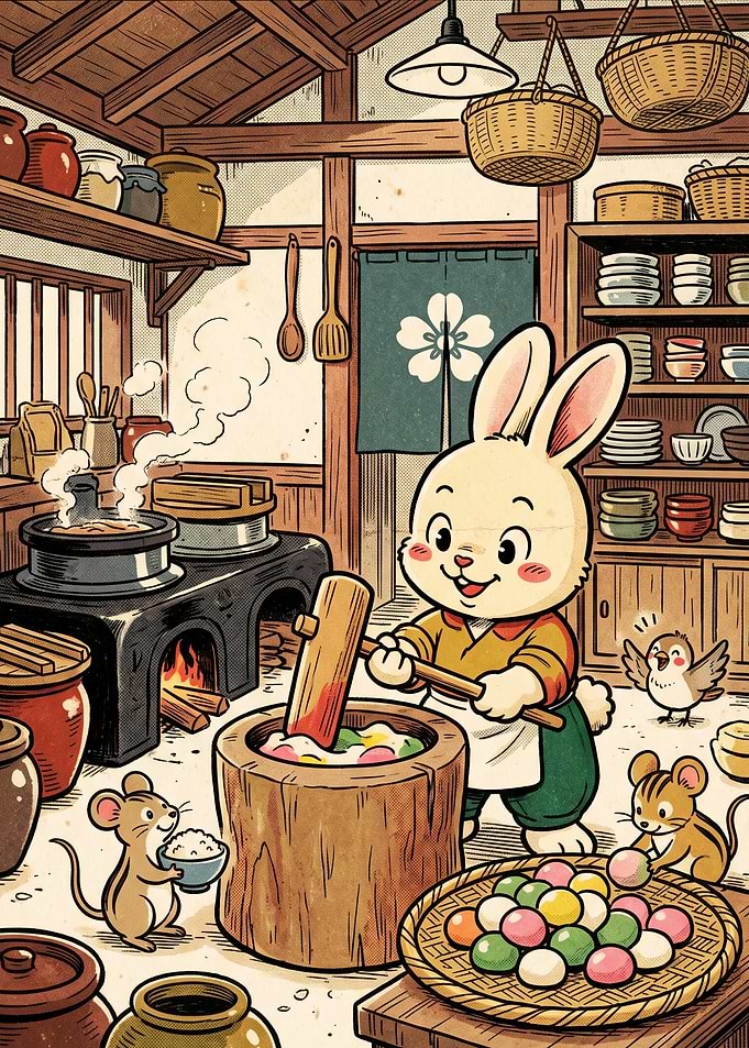 Cute Rabbit Making Mochi