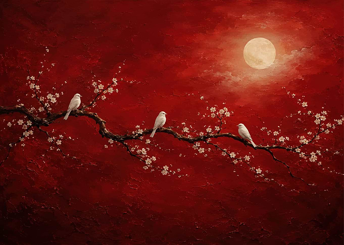 Birds on a Cherry Blossom Branch Under the Moon