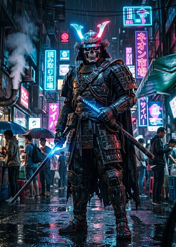 Cyberpunk Samurai Skeleton in Neon City