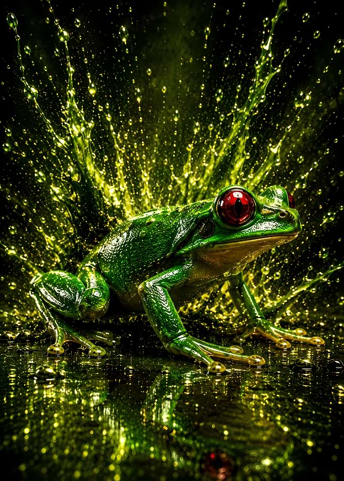 Green Frog with Red Eyes and Water Splash