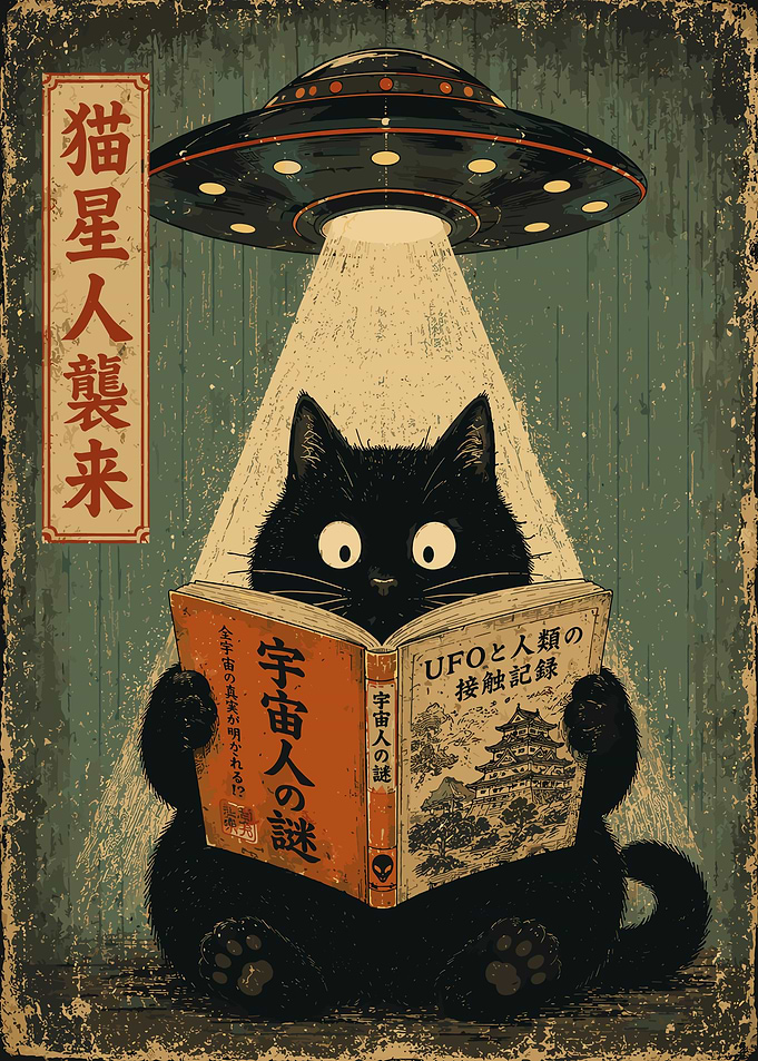 Black Cat Reading UFO Book Vintage Sci Fi Wall Art Poster
