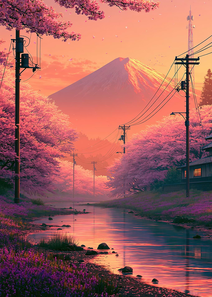 Serene Japanese Landscape with Cherry Blossoms