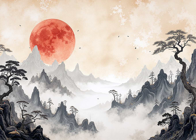Misty Mountains with Red Moon