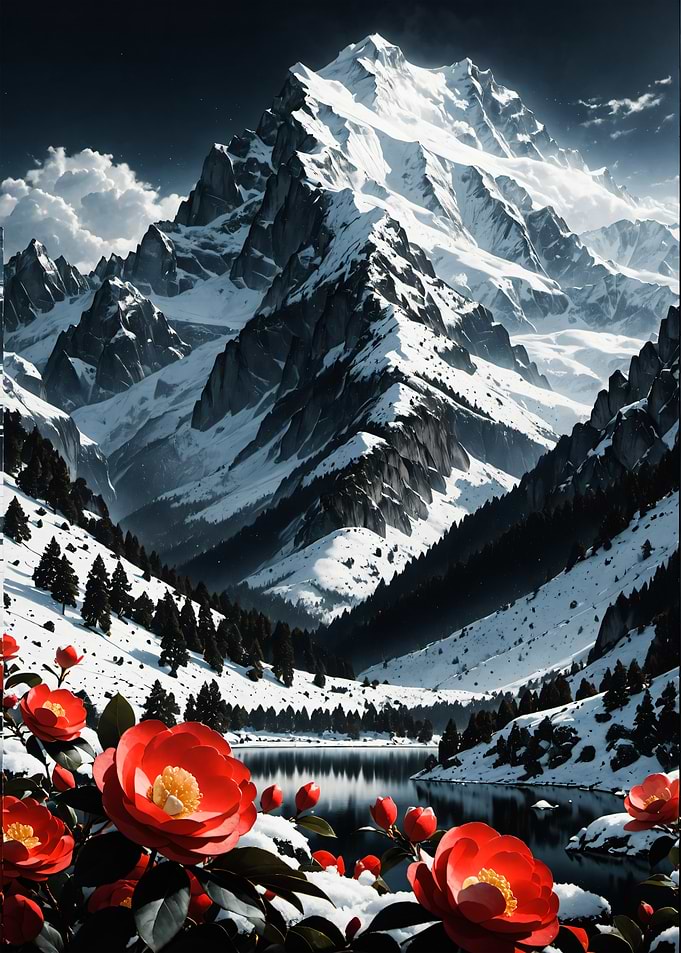 Snowy Mountains with Red Flowers