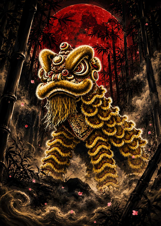 Lion Dance Under a Red Moon In Bamboo Forest