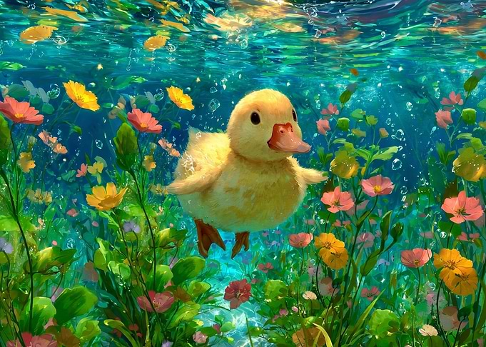 Cute Duckling Underwater Among Flowers