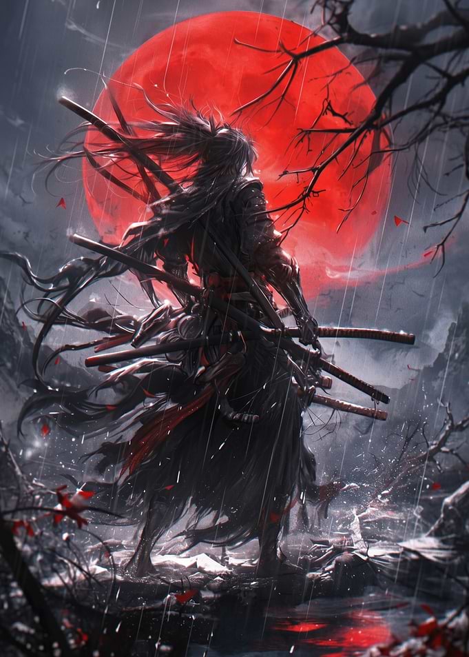 Samurai Warrior Under Red Moon