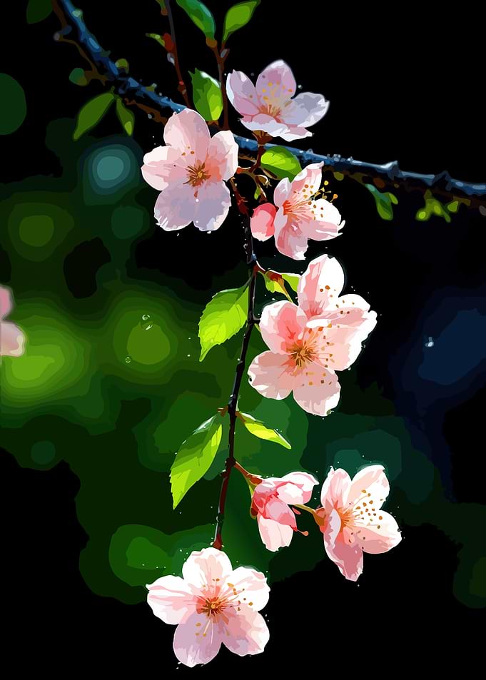 Delicate Pink Cherry Blossoms on Branch