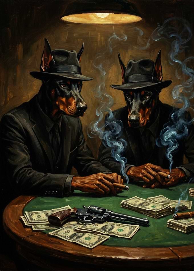 Doberman Gangsters Playing Poker
