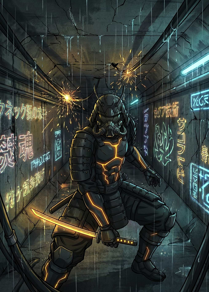 Cyberpunk Samurai in Neon Alley