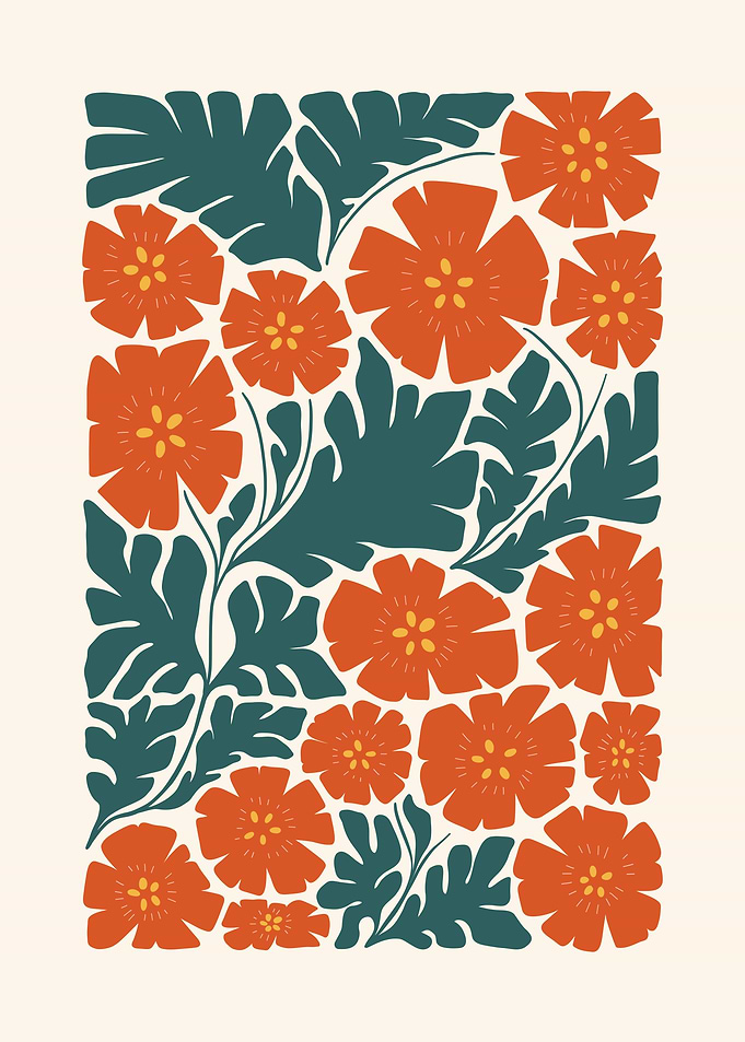 Orange Poppies and Green Leaves Pattern