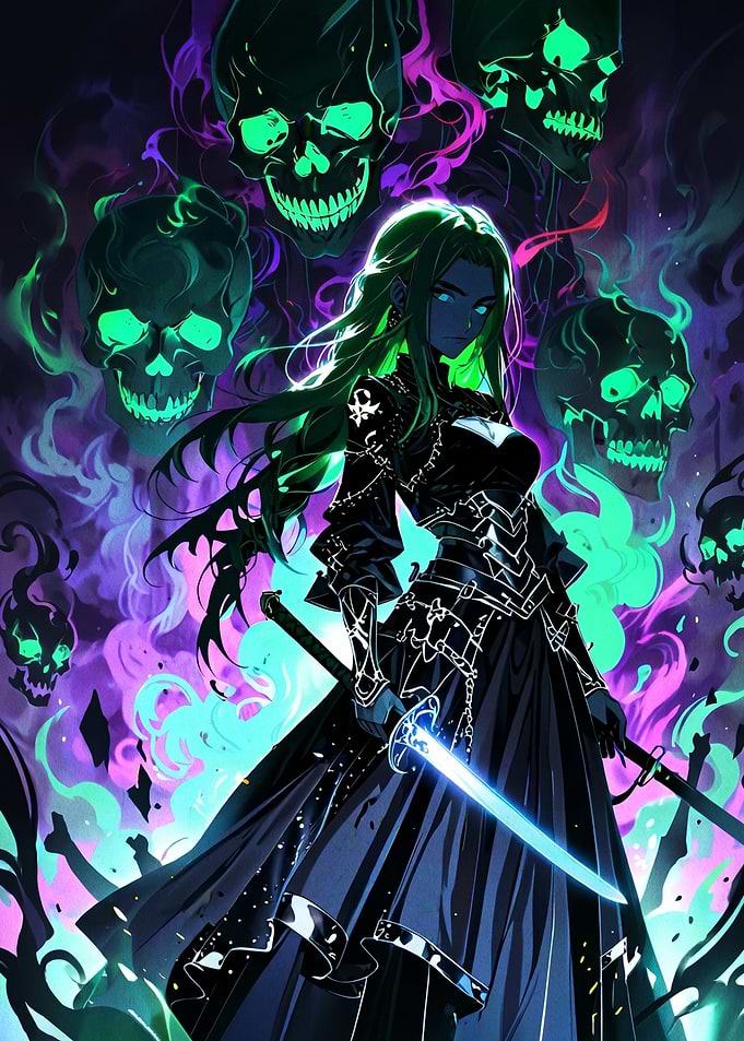 Anime Warrior with Glowing Skulls