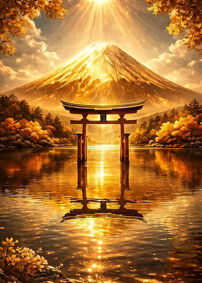 Golden Mount Fuji Torii Gate Reflection