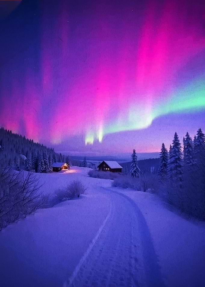 Aurora Borealis over Snowy Cabins