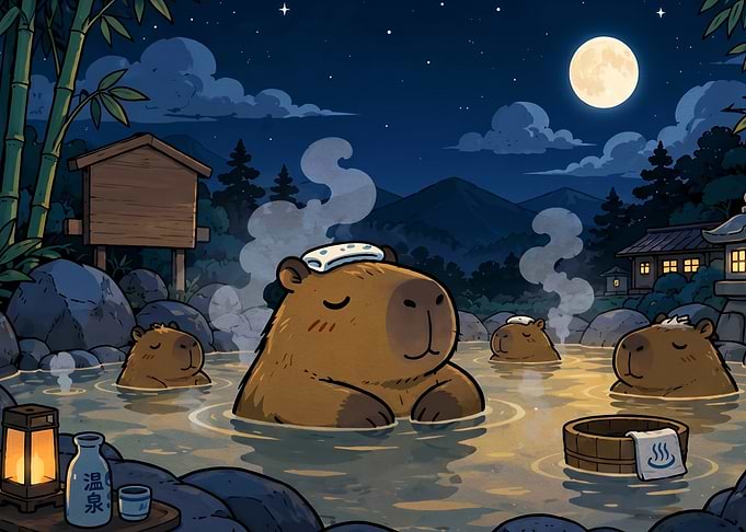 Capybaras relaxing in a hot spring at night