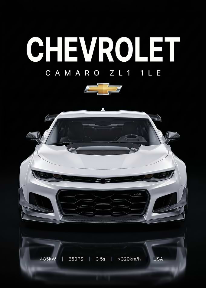sleek white Chevrolet Camaro ZL1 1LE car poster