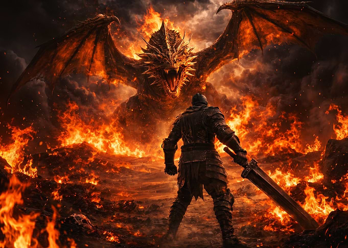 Knight vs Dragon in Fiery Landscape