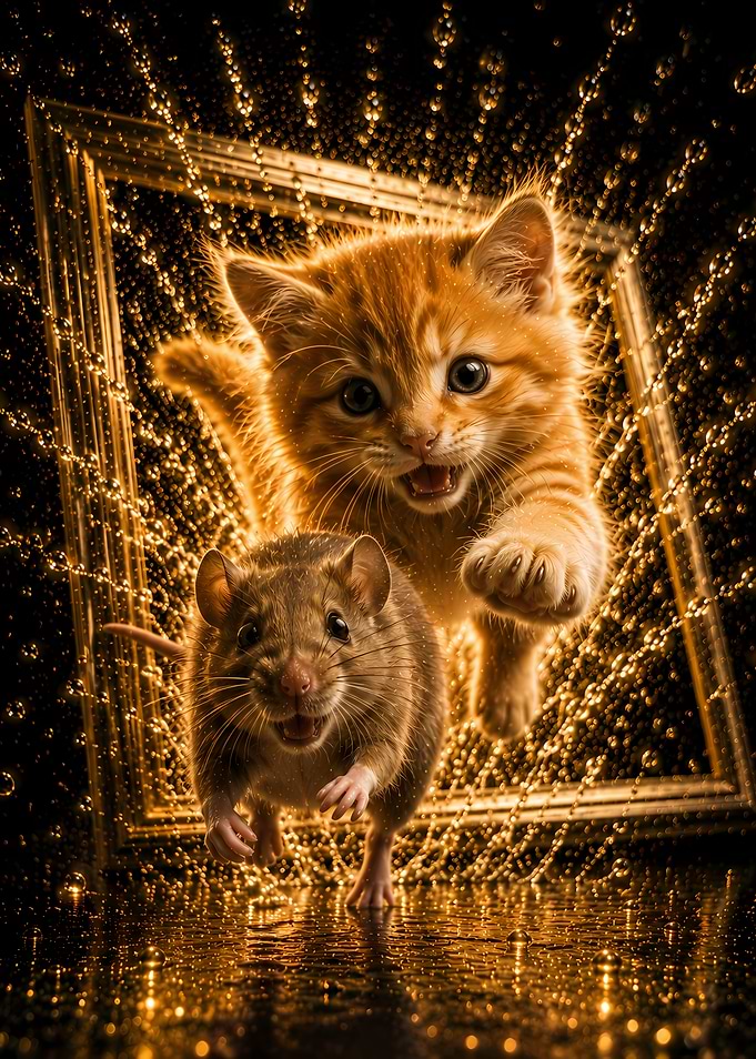 Kitten and Mouse in Golden Frame