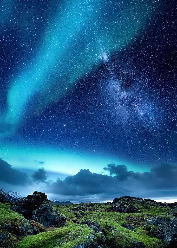 Aurora Borealis over Mossy Landscape