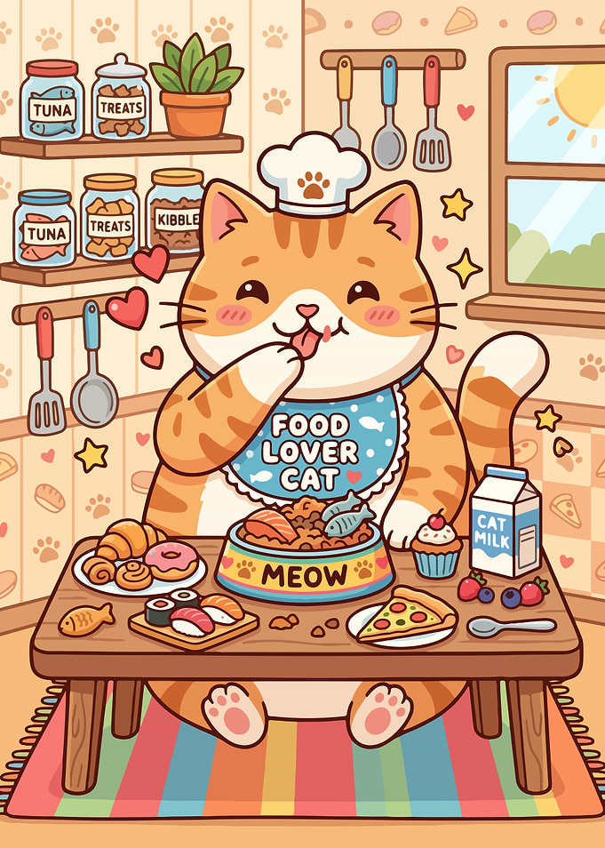 Cute Cat Chef Enjoying Food