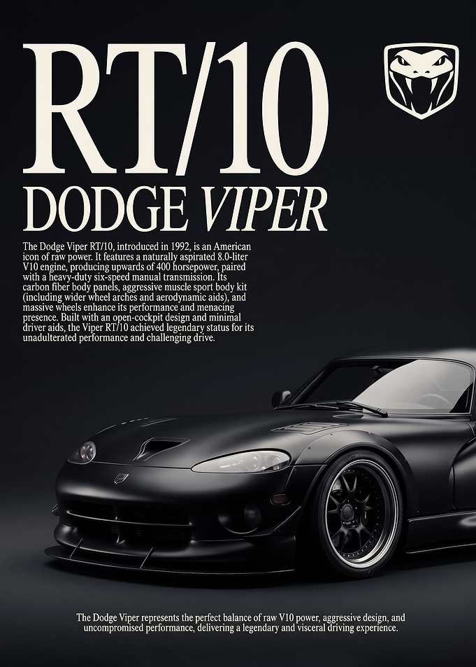 close up black Dodge Viper RT 10 car Poster