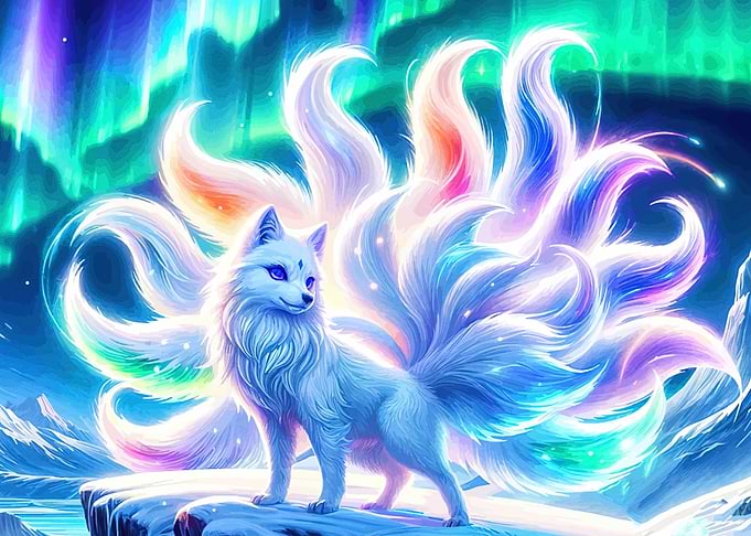 Magical Nine-Tailed Fox Under Aurora