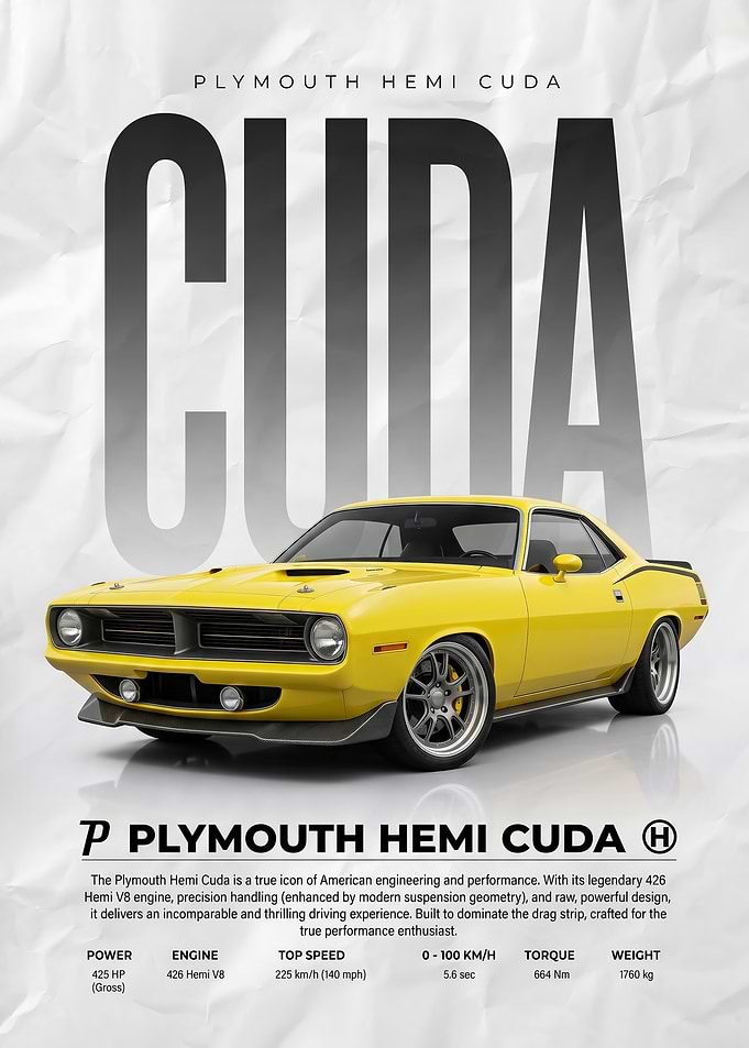 sleek yellow Plymouth Hemi Cuda car Poster