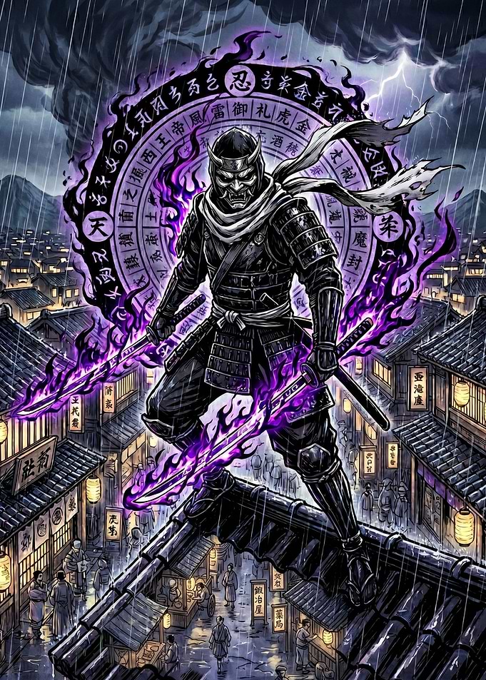 Ninja Warrior with Purple Energy Swords
