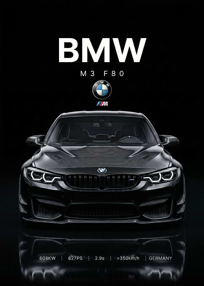 striking black BMW M3 F80 Carbon Fiber car poster