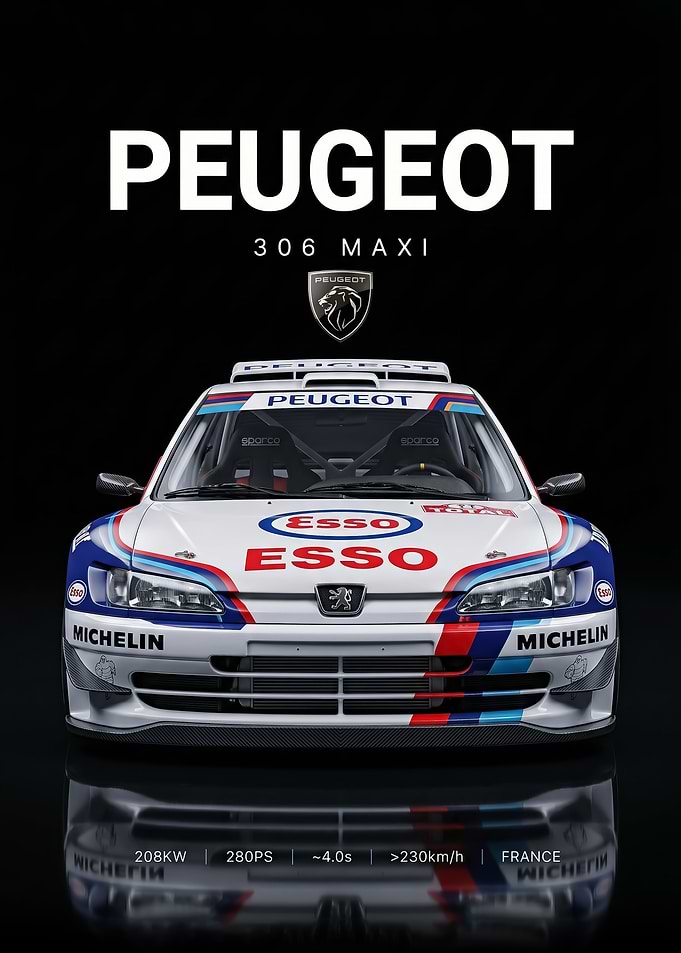 sleek Peugeot 306 Maxi Rally Car race poster